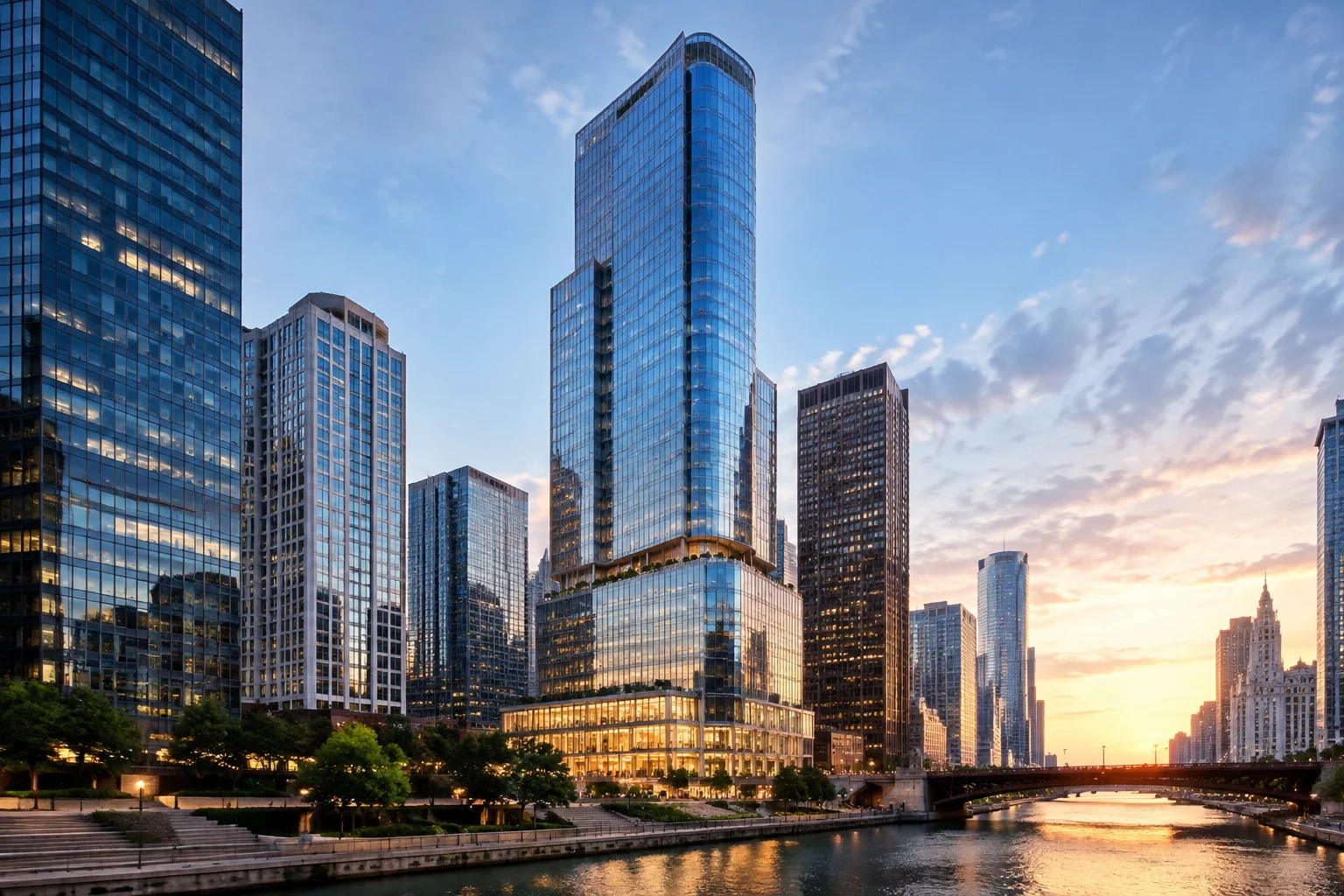 The Langham Chicago waterfront river view building